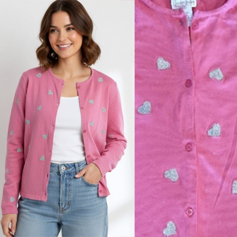 Quacker Factory VTG Pink Glitter Hearts Button Front Cotton Cardigan Med